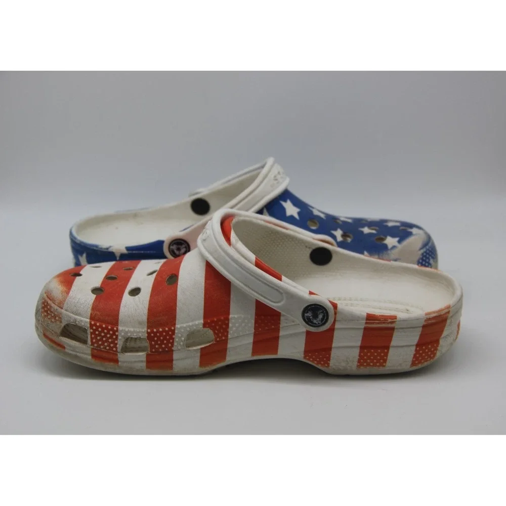 Crocs American Flag Clog Sandals Men's Sz 9 W 11 Red White Blue Distressed USA